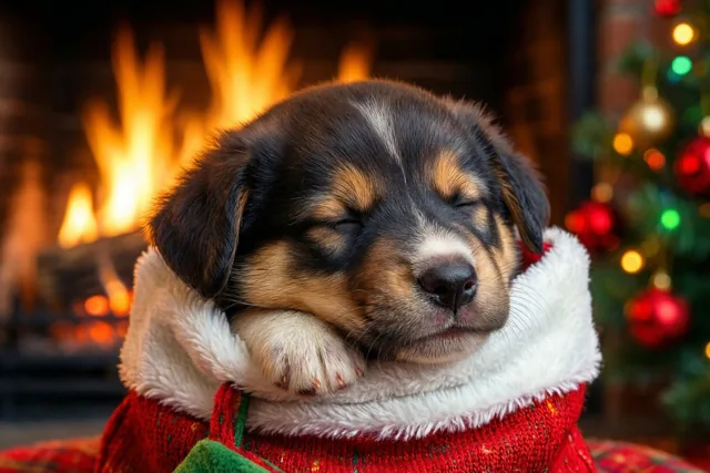 Een kleine zwart-bruine puppy slaapt in een rode kerstsok met witte rand bij een warme haard, met een versierde kerstboom op de achtergrond.