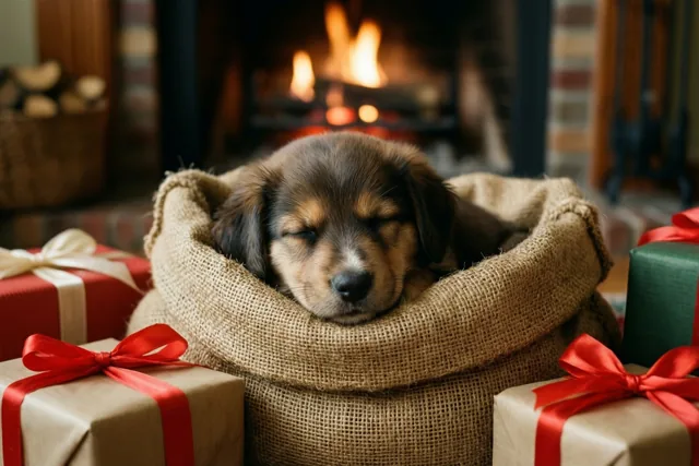 Een kleine puppy slaapt in een jutezak tussen ingepakte kerstcadeaus bij een warm gloeiende haard.