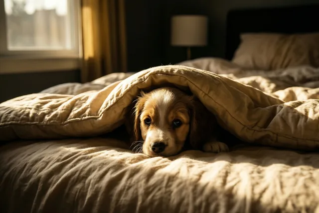 Goedemorgen, puppy onder de dekens