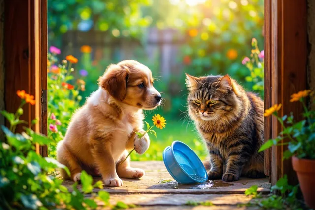 Een goudkleurige puppy met een gele bloem zit naast een nors kijkende gestreepte kat en een omgevallen blauwe waterbak in een zonnige tuin, gezien door een open houten deuropening.