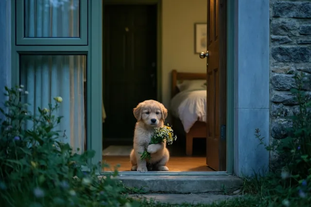 Een puppy brengt je bloemen