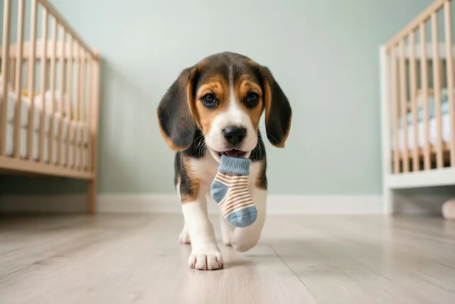 Een beaglepuppy draaft met een klein gestreept babysokje in zijn bek door een babykamer met lichte houten bedjes en lichtgroene muren.