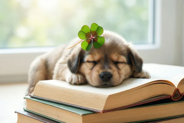 Een slapende puppy rust bij een raam op een stapel opengeslagen boeken met een klavertjevier op zijn hoofd.