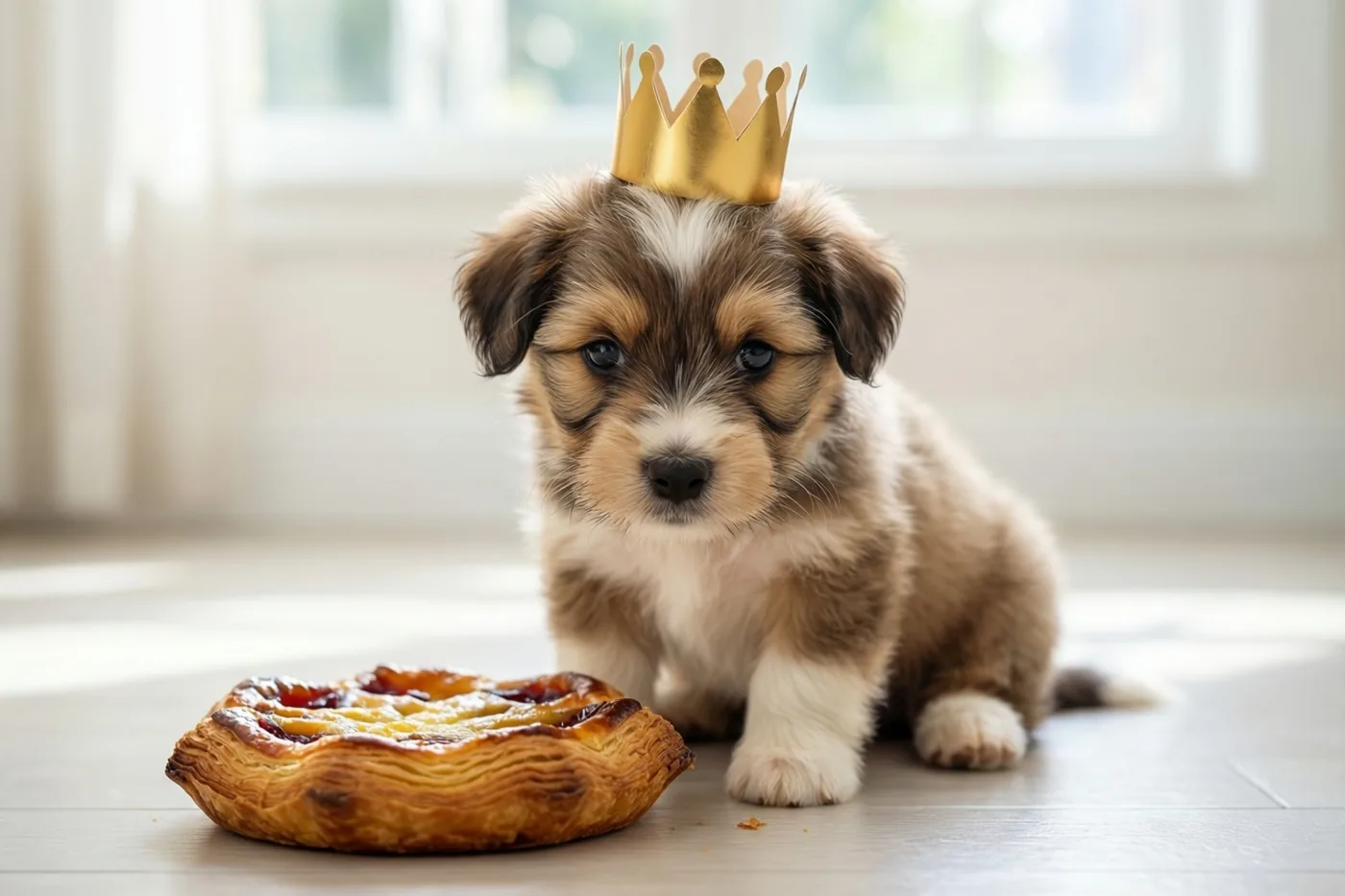 Een kleine puppy met een gouden papieren kroon zit op een lichte houten vloer naast een frangipanetaart, met daglicht uit een raam op de achtergrond.