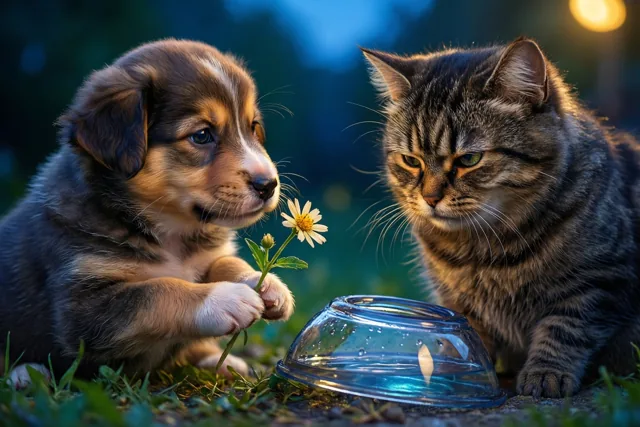 Een kleine puppy met een madeliefje kijkt naar een nors kijkende gestreepte kat naast een omgevallen waterbak op het gras in zacht avondlicht.