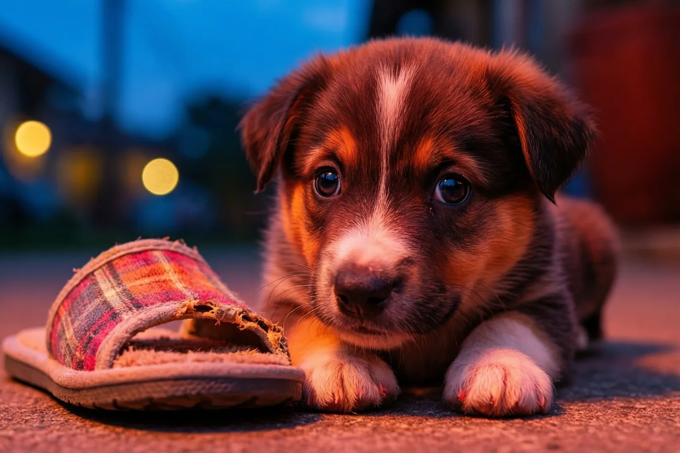 Een kleine bruin-witte puppy met grote ogen ligt naast een kleine aangevreten pantoffel op een ondergrond met structuur, met warme verlichting en onscherpe lichtjes in de schemering.