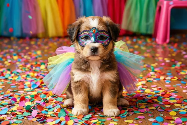 Een kleine puppy met een kleurrijk masker en een regenboogtutu zit op een houten vloer vol confetti voor een regenboogkleurig gordijn en een roze plastic krukje.