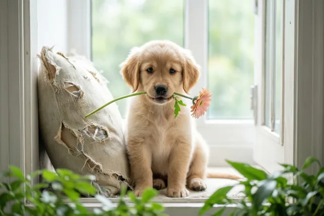 Een goldenretrieverpuppy zit op een vensterbank met een roze gerbera in zijn bek naast een versleten, gescheurd beige kussen, met groen blad op de voorgrond.