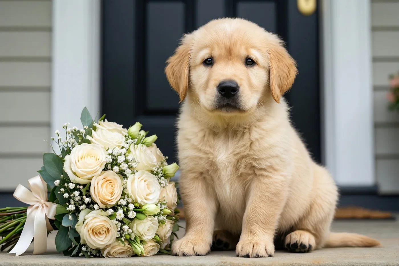Een goldenretrieverpuppy zit op een drempel naast witte rozen en gipskruid met een crèmekleurig lint, voor een donkere deur met lichte gevelbekleding.