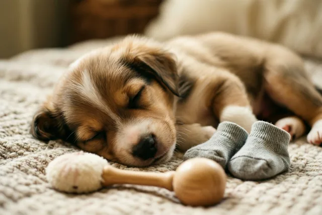 Een puppy droomt met je mee