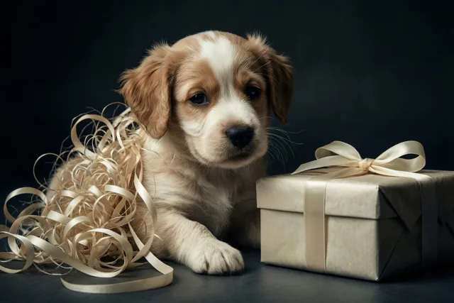Een kleine bruin-witte puppy ligt naast een cadeau in beige papier met lint, met losse lintkrullen eromheen voor een donkere achtergrond.