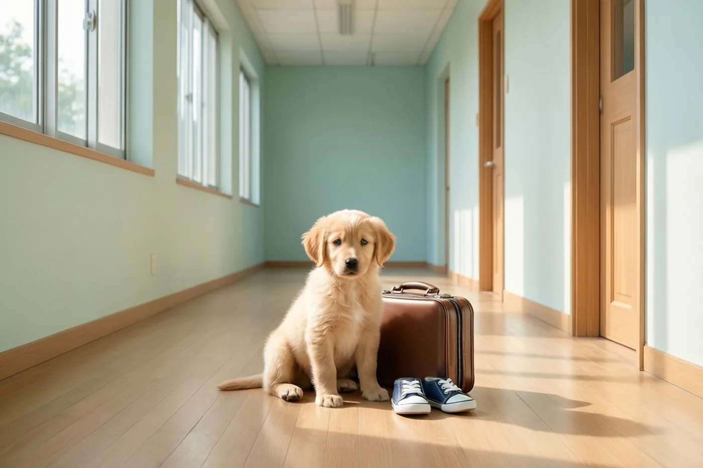 Een goudkleurige puppy zit op een houten vloer in een zonnige gang met lichtgroene muren, naast een bruine aktetas en blauwe sneakers.