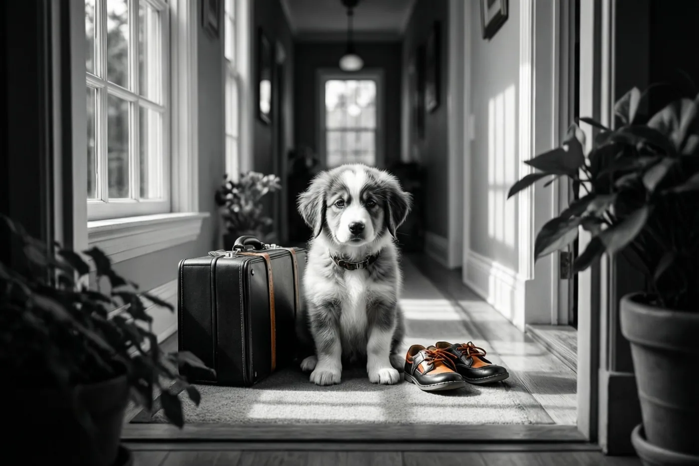 Een puppy zit in een zonnige gang naast een oude aktetas en nette schoenen, op een zwart-witfoto waarop alleen de schoenen kleur hebben.