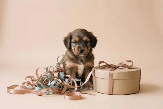 Een kleine bruine puppy zit naast een ronde geschenkdoos met lint, omringd door een wirwar van linten tegen een beige achtergrond.