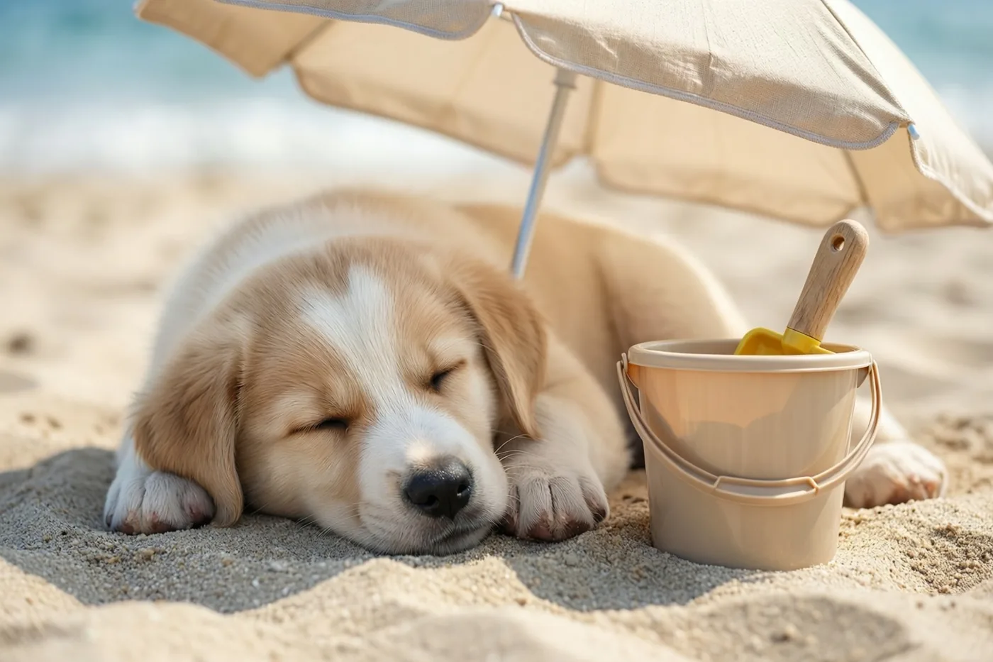 Een lichtbruine en witte puppy slaapt op een zonnig zandstrand onder een beige parasol, naast een beige emmertje en een geel schepje.
