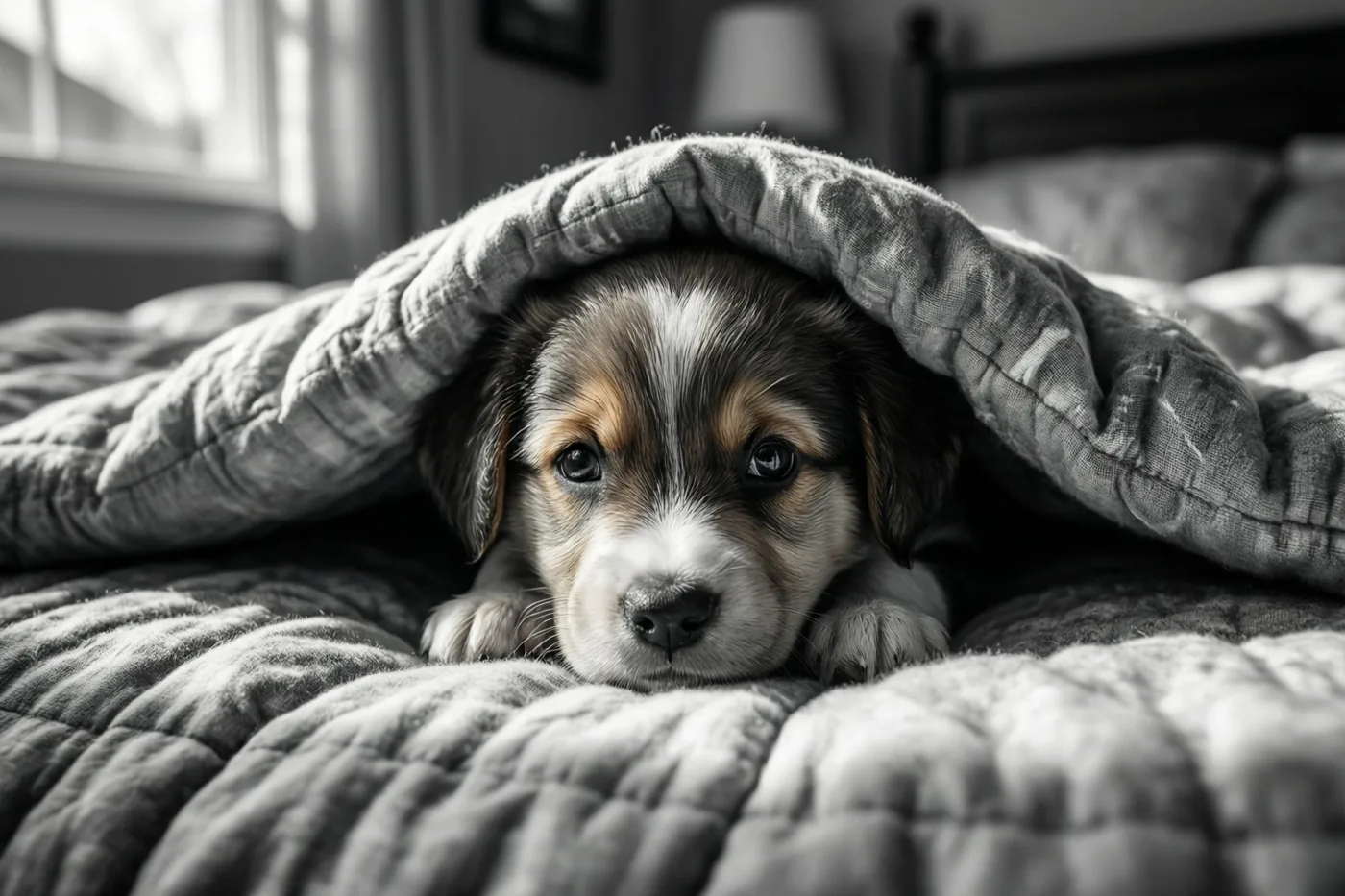 Een kleine puppy met een wit-bruin snoetje kijkt vanonder een grijs dekbed met textuur, met zacht daglicht uit een raam op de achtergrond.