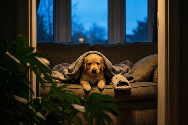 Een goudkleurige puppy kijkt van onder een grijze deken op een bruine zetel naast een aangeknaagde pantoffel, met warm binnenlicht en blauwe schemering achter het raam.