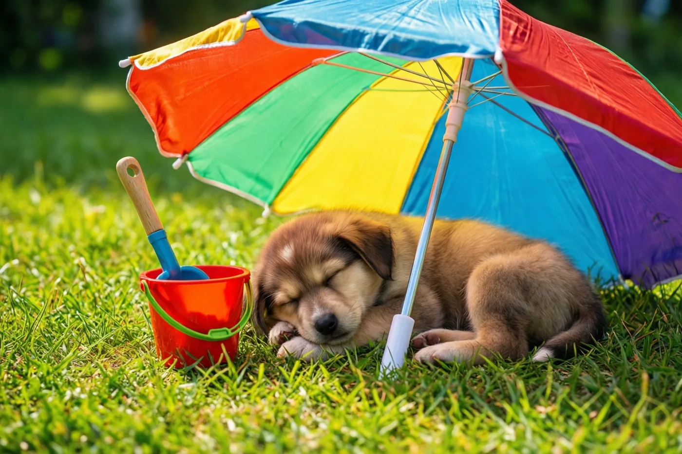 Een kleine bruine puppy slaapt op groen gras onder een kleurrijke parasol, naast een rood emmertje met een blauw schepje.