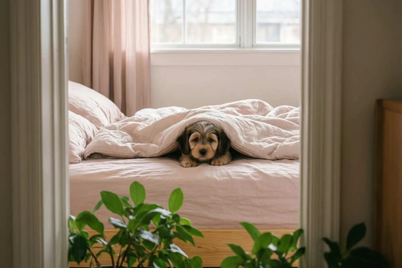 Door een deuropening is een pluizige puppy onder een lichtroze dekbed te zien, met groene planten op de voorgrond en roze gordijnen bij het raam.