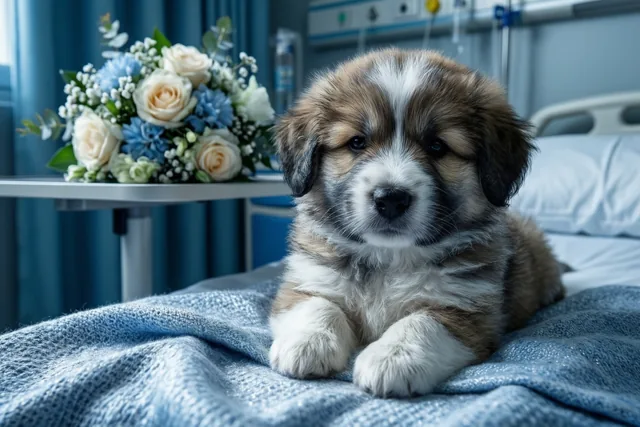 Een pluizige bruin-witte puppy kijkt naar de camera vanaf een blauwe deken op een ziekenhuisbed, naast blauwe en crèmekleurige bloemen, met blauwe gordijnen en medische apparatuur op de achtergrond.