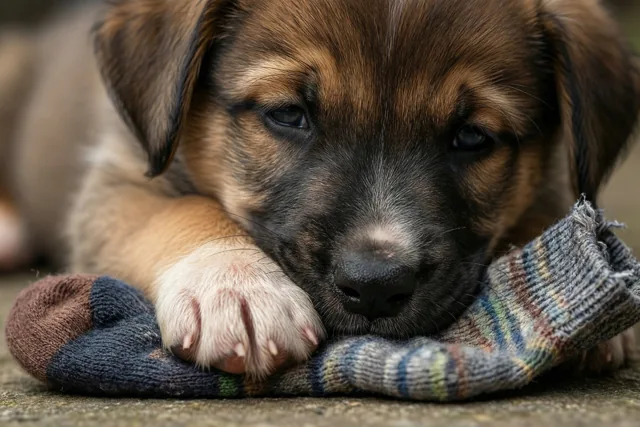 Een bruin-zwarte puppy rust met zijn kop op een kleurrijke gestreepte sok en houdt een poot voor zijn gezicht op een ondergrond met structuur.