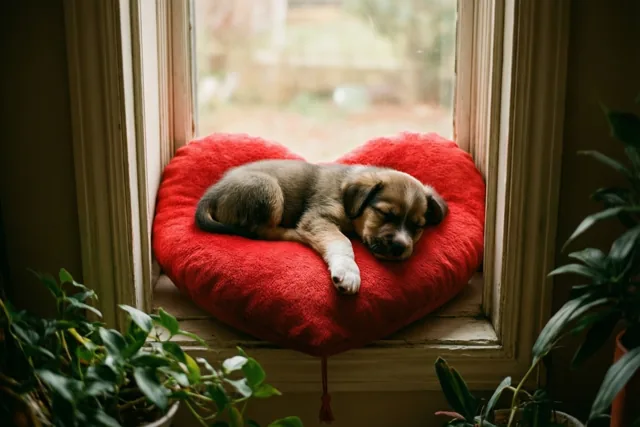 Een kleine puppy slaapt op een rood hartvormig kussen op een vensterbank, omringd door kamerplanten in zacht daglicht.
