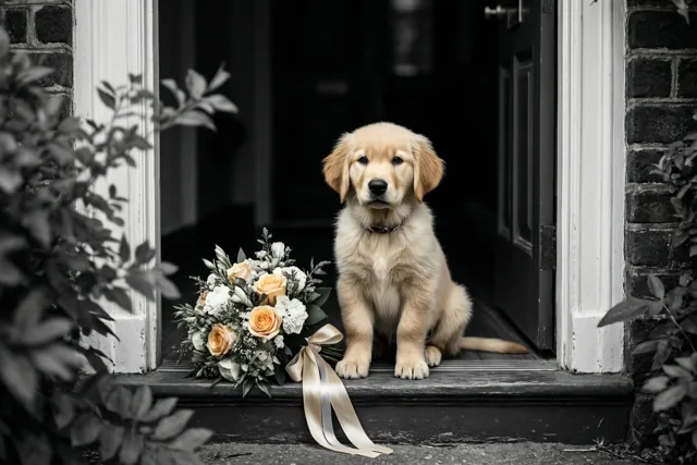 Een goudkleurige puppy zit op een donkere houten drempel naast een boeket met een crèmekleurig lint, tussen een witte deurstijl en donkere bakstenen muren.