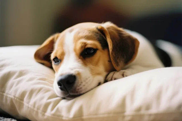 Een beaglepuppy legt zijn kop op een lichtgekleurd kussen in warm licht, met een onscherpe achtergrond.