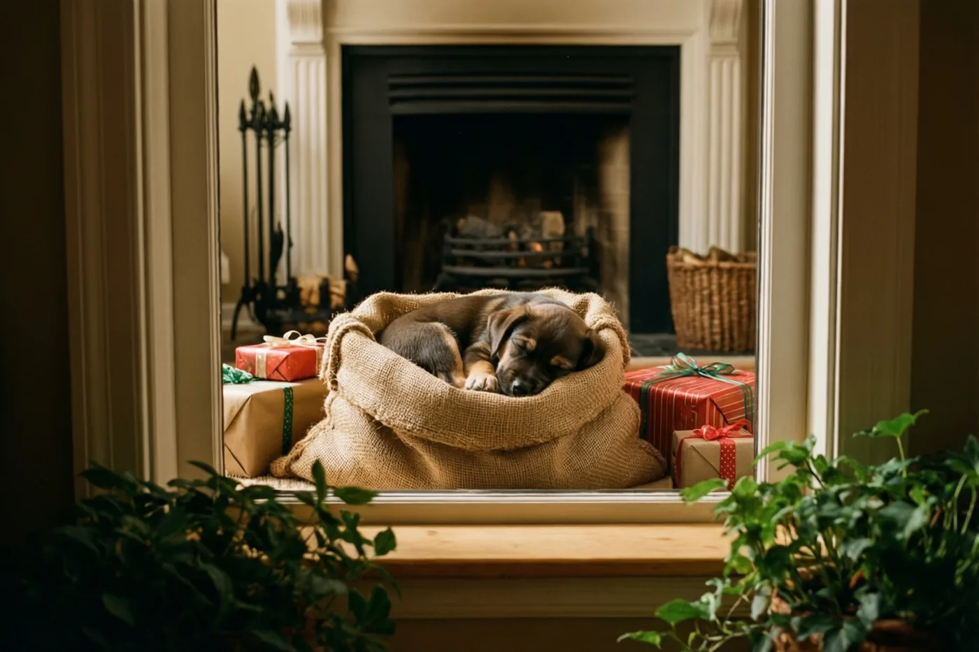 Een kleine puppy slaapt in een jutezak op een vensterbank tussen ingepakte kerstcadeaus, met een haard op de achtergrond.