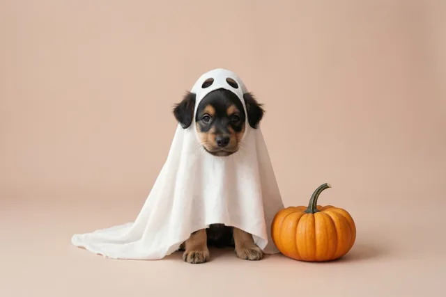 Een kleine puppy in een wit spookkostuum met ooggaten zit naast een kleine oranje pompoen tegen een effen beige achtergrond.