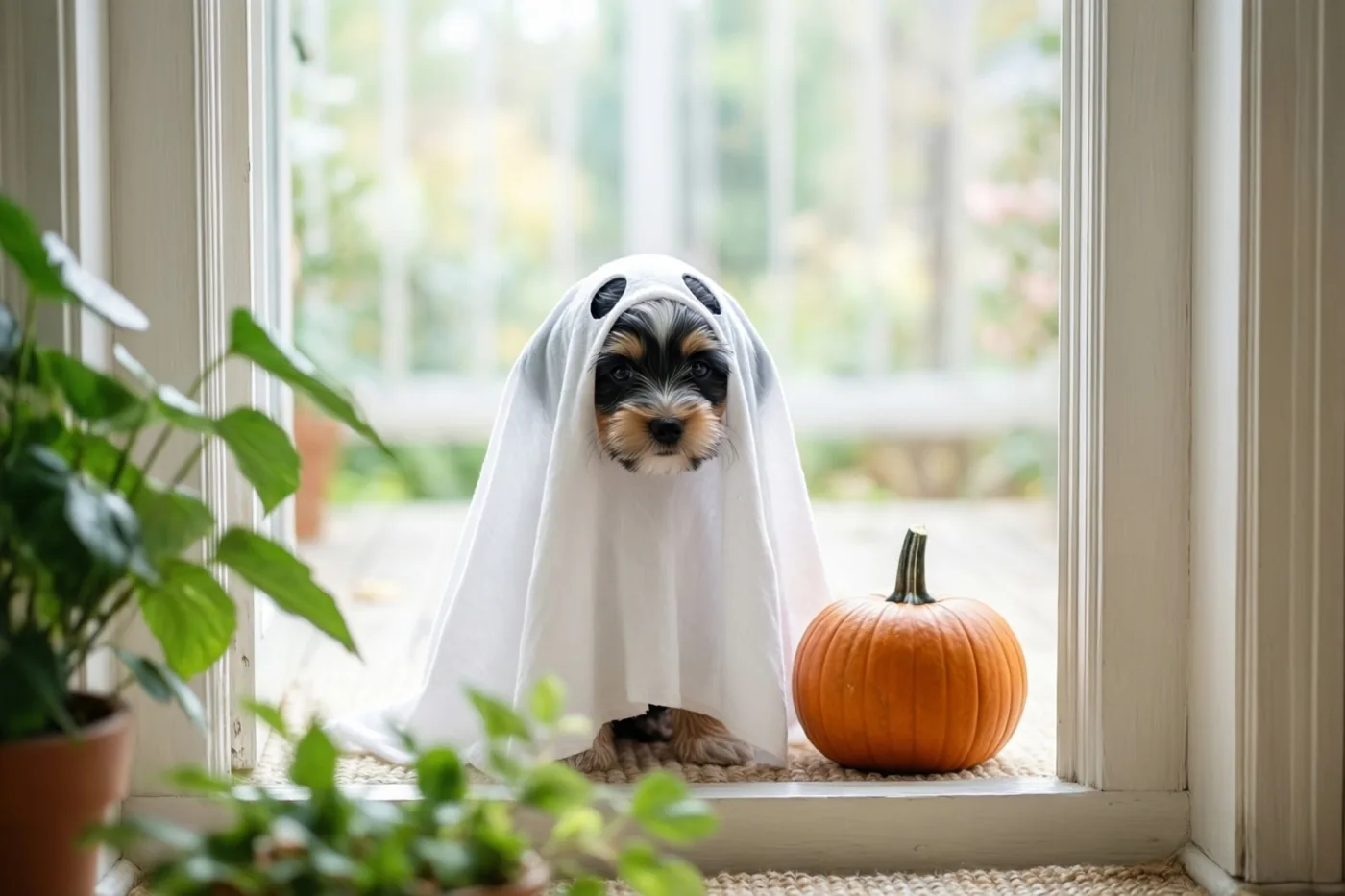 Een kleine puppy in een wit spookkostuum met ooggaten zit op een vensterbank naast een kleine oranje pompoen, met groene potplanten in het daglicht.