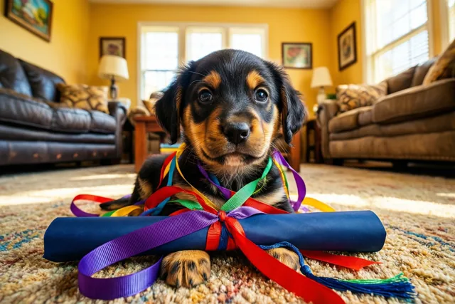Een zwartbruine puppy ligt op een tapijt met een patroon, verstrikt in de kleurrijke linten van een opgerold diploma, in een warm verlichte woonkamer met gele muren en meubels.