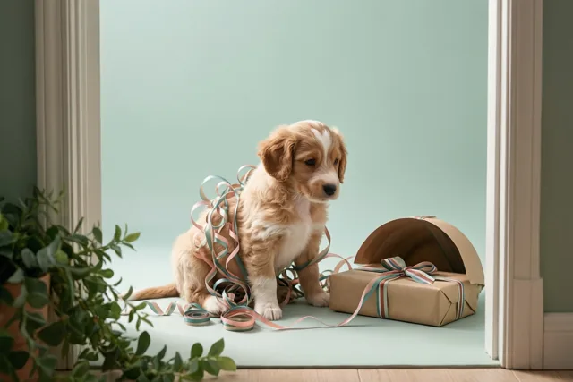 Een goudkleurige puppy zit verstrikt in pastelkleurige linten op een lichtblauwe vloer naast een half ingepakte bruine cadeaudoos, in een witte deuropening met links een potplant.