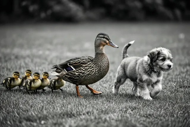Een moedereend en haar kuikens lopen achter elkaar door het gras met een kleine puppy achteraan, waarbij de eenden hun natuurlijke kleuren behouden tegen een kleurarme achtergrond.