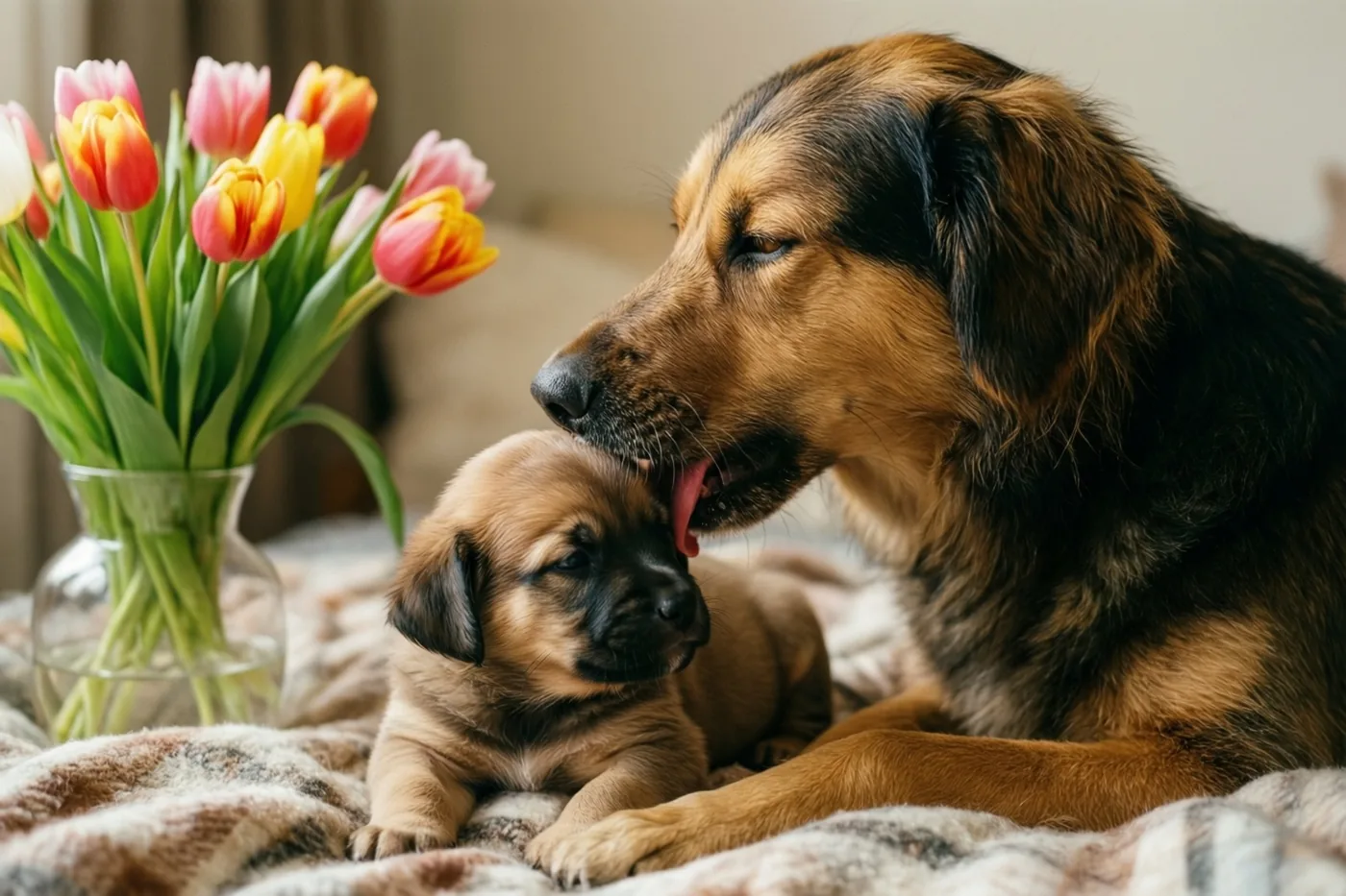 Een moederhond likt het hoofd van haar kleine puppy terwijl ze samen op een deken met een patroon rusten naast een vaas kleurrijke tulpen.