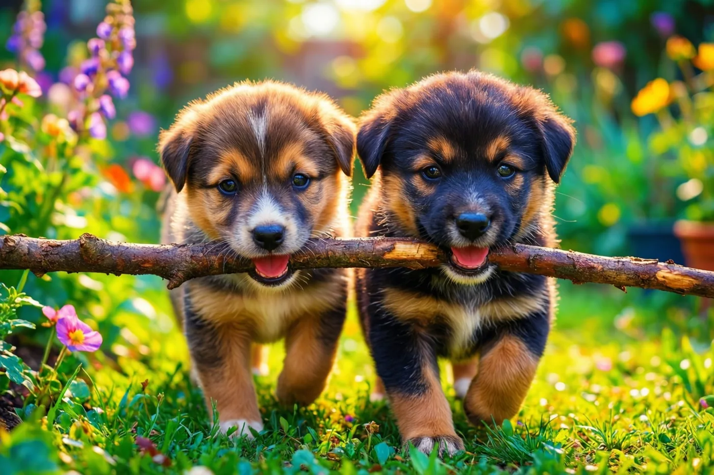 Twee puppy's dragen samen een lange stok door een grasrijke tuin in warm zonlicht, met kleurrijke bloemen op de achtergrond.