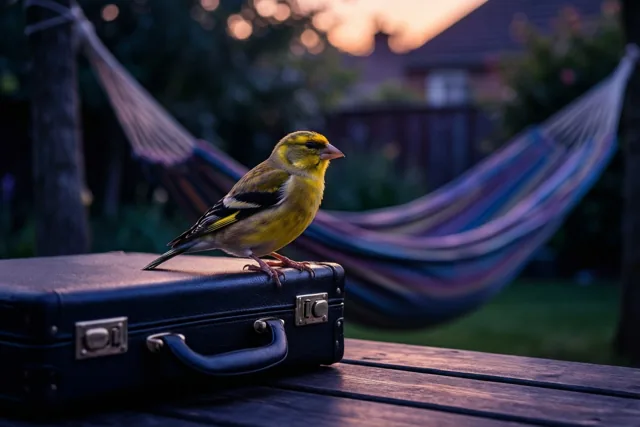 Een putter zit op het handvat van een zwarte aktetas op een houten tuintafel, met een kleurrijke hangmat en een zonsondergang op de achtergrond.