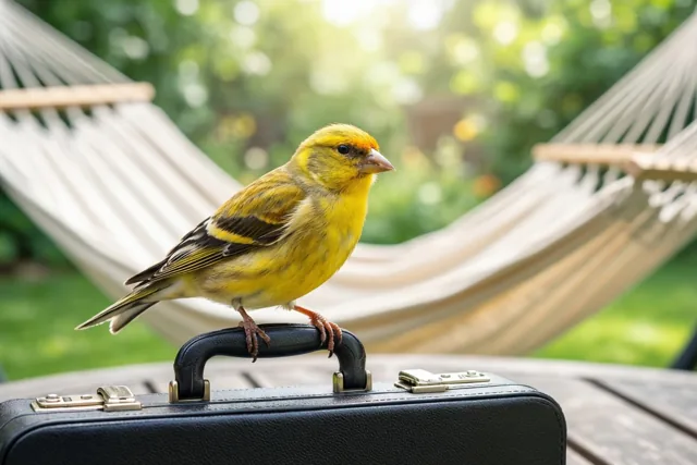 Een putter zit op het handvat van een zwarte aktetas op een houten tuintafel, met een onscherpe hangmat en groen op de achtergrond in fel zonlicht.
