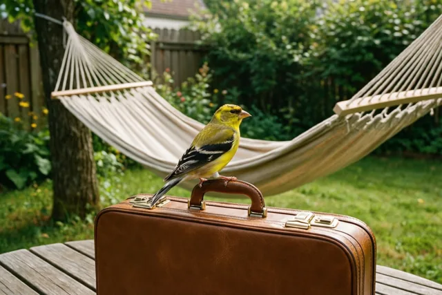 Een putter zit op het handvat van een bruine leren aktetas op een houten tuintafel, met een beige hangmat tussen bomen in een groene tuin op de achtergrond.