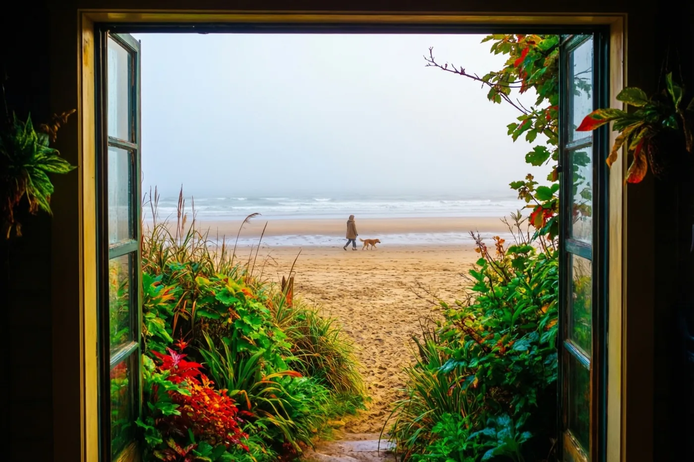 Door een open raam is in de verte een persoon in een jas met een hond op een mistig strand te zien, omringd door rode, groene en gele herfstbladeren.