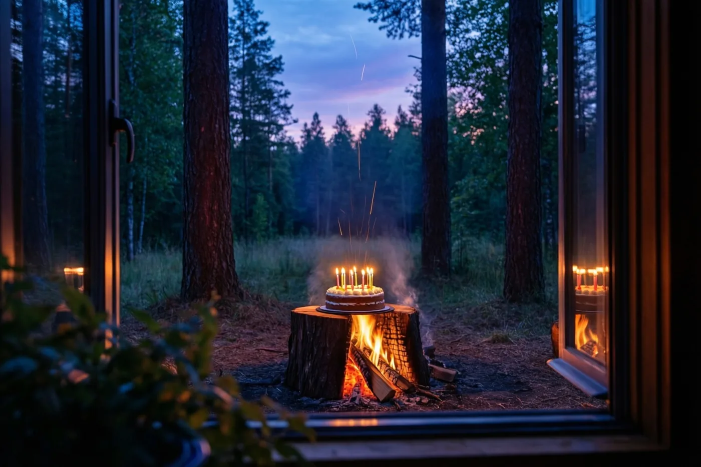 Door een raam is een taart met brandende kaarsjes op een boomstronk naast een kampvuur te zien, onder een diepblauwe en paarse avondlucht op een open plek in het bos.