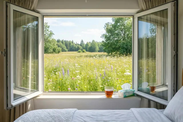 Een open slaapkamerraam kijkt uit op een zonnige bloemenweide, met een mok thee en zakdoekjes op de vensterbank in een tafereel met groene, witte en bruine tinten.