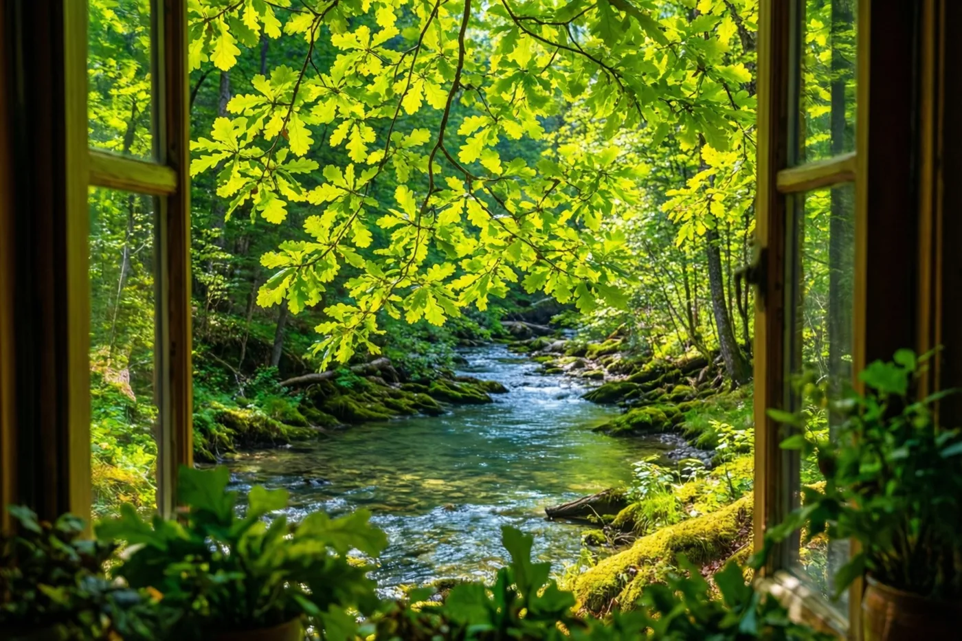 Door een open raam met kamerplanten zijn jonge groene eikenbladeren in de zon en een heldere bosbeek met bemoste oevers te zien.