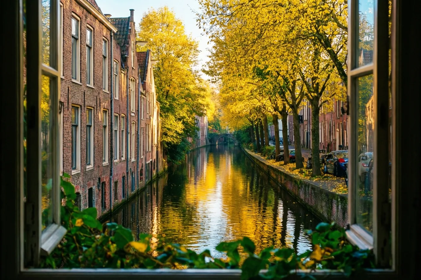 Door een open raam is een rustig kanaal te zien met oude bakstenen gebouwen en gouden herfstbomen die in warm zonlicht weerspiegelen in het water.