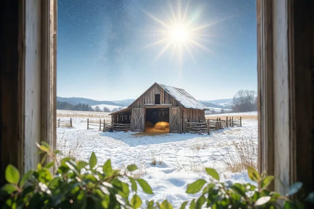 Door een houten raam is een besneeuwd landschap met een houten schuur en hooi achter de open deuren te zien, met groen op de voorgrond en een stervormige zon in een blauwe hemel met sterren.