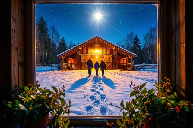 Door een raam met potplanten op de voorgrond zijn drie mensen van achteren te zien die door de sneeuw naar een warm verlichte houten stal onder een heldere ster lopen.