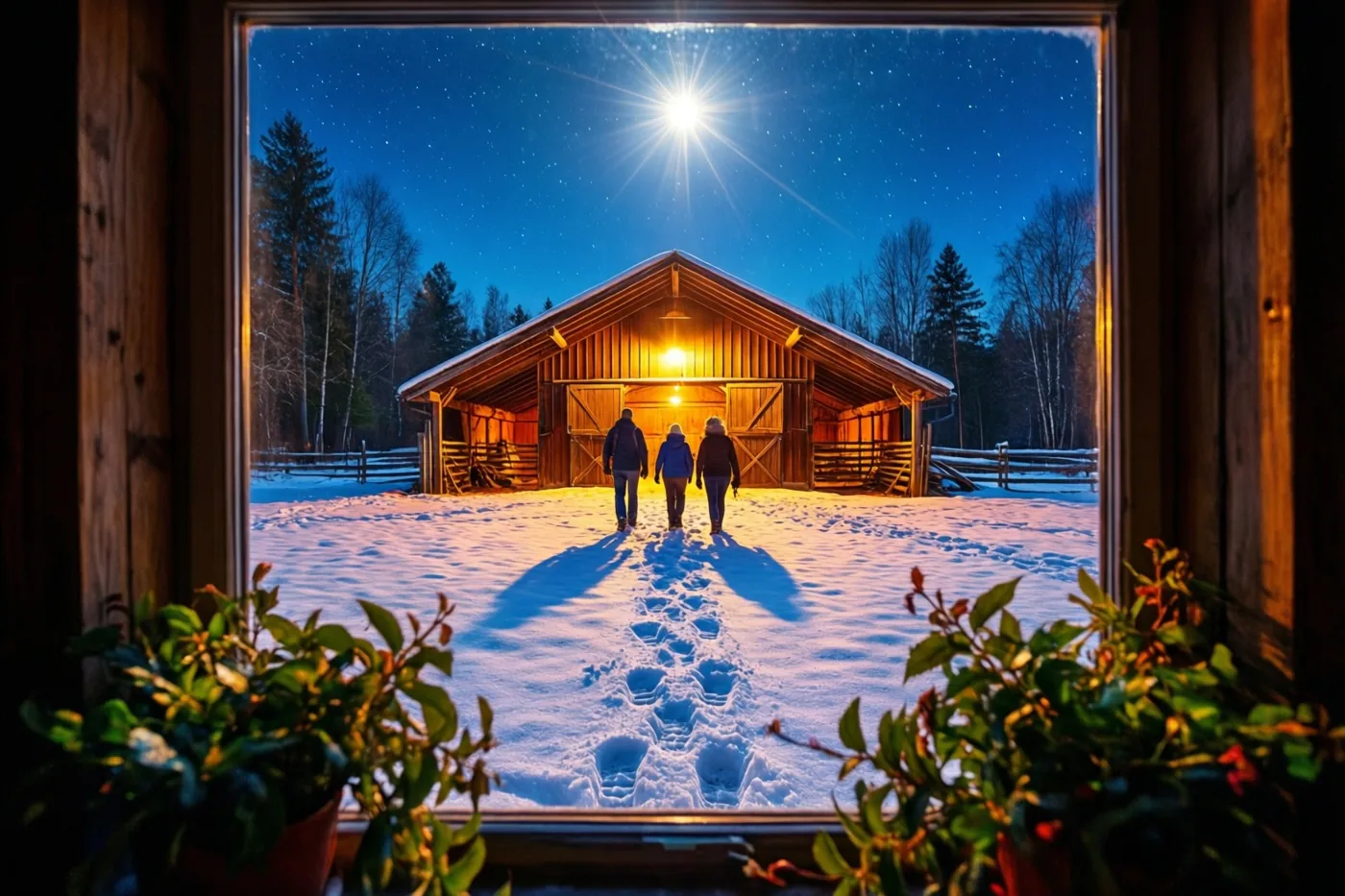 Door een raam met potplanten op de voorgrond zijn drie mensen van achteren te zien die door de sneeuw naar een warm verlichte houten stal onder een heldere ster lopen.