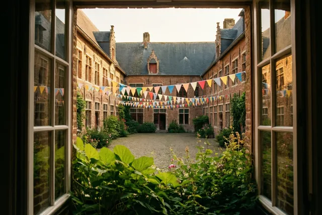 Door een open raam is een historische bakstenen binnenplaats met kleurrijke vlaggetjes in warm goudkleurig licht te zien.