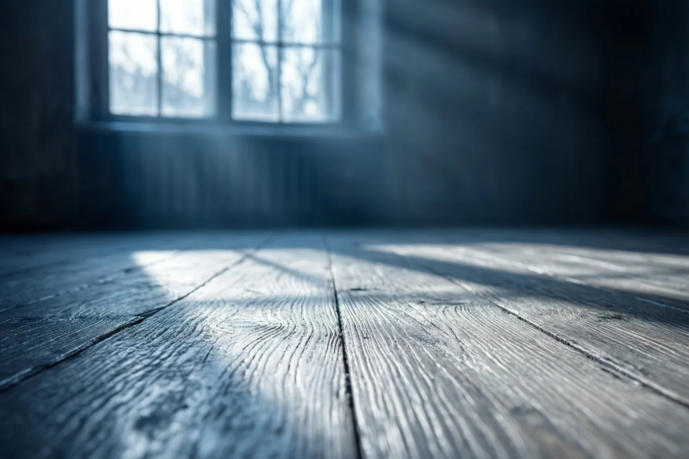 Door een kaal raam schijnt zonlicht op een lege houten vloer, met blauwe en grijze tinten in de donkere kamer.