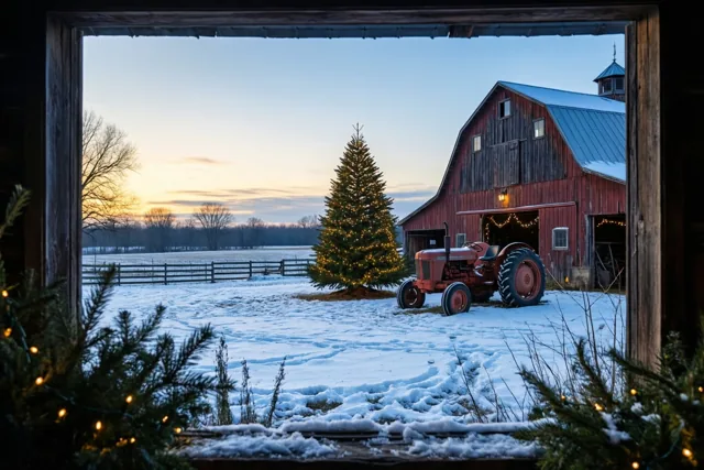 Door een houten raam is een besneeuwd erf te zien met een verlichte kerstboom naast een rode schuur en een oude rode tractor in de schemering.
